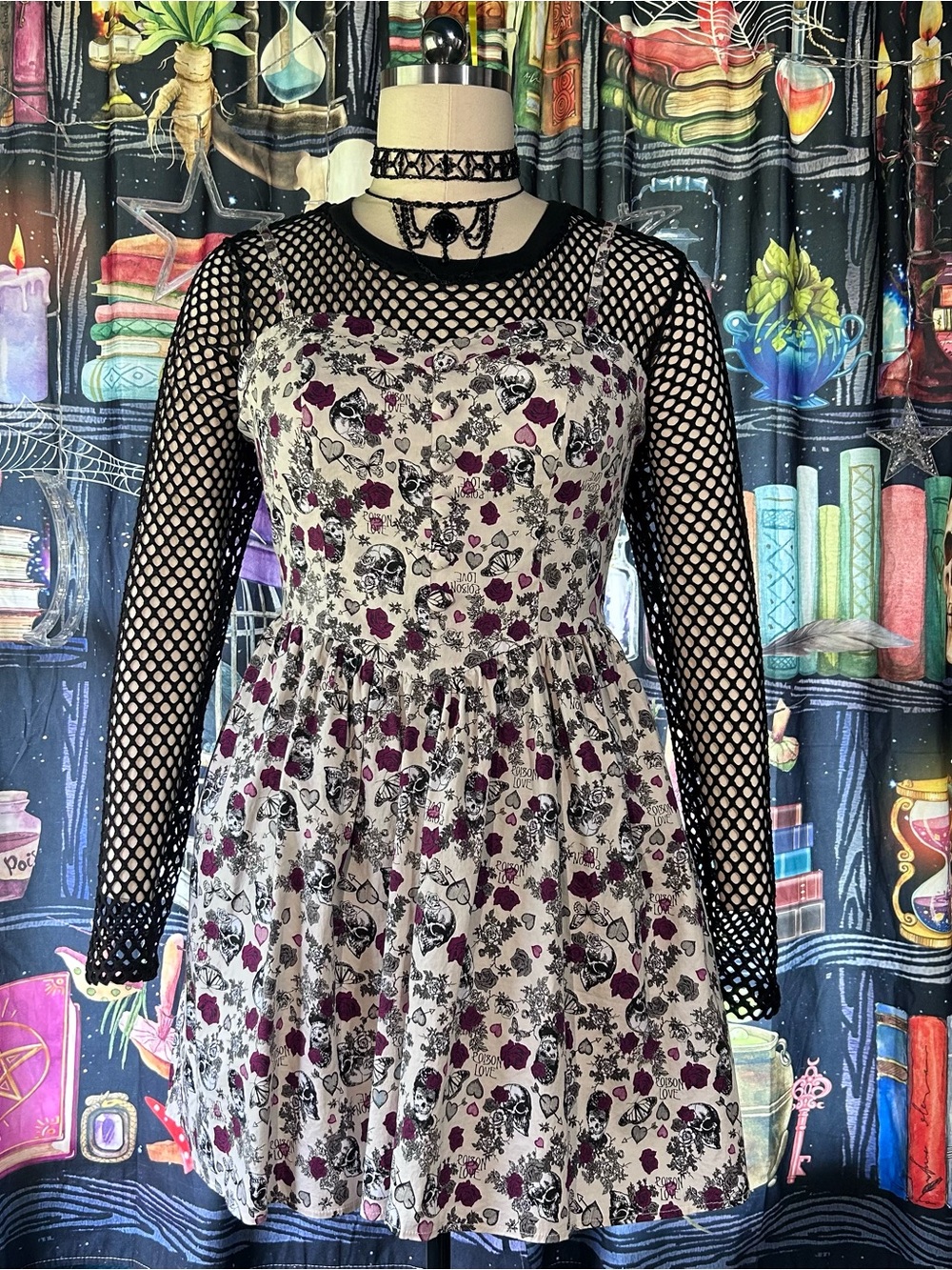 Skull & Burgundy Roses Print Fit-and-Flare Dress Only (Accessories NOT on SALE)